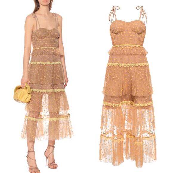 Self-Portrait Tulle Swiss Dot Dress Size 4 Nude Chiffon Yellow Tiered NEW $530 - Picture 1 of 11